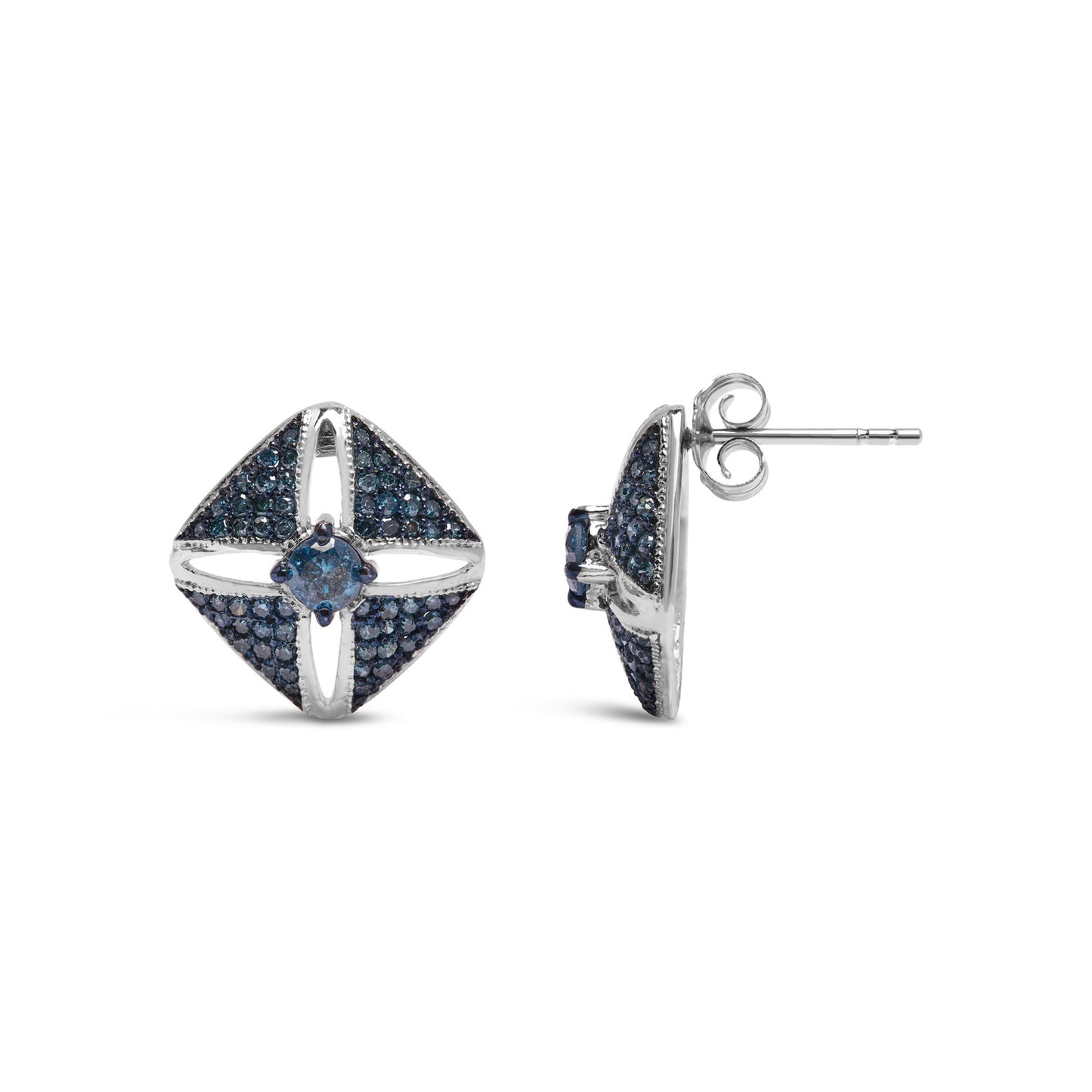 Pair of white metal earrings with a square-shaped design featuring central round blue gemstones and smaller round blue gemstones in prong settings, shown from front and side angles on a white background.