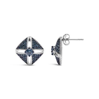Pair of white metal earrings with a square-shaped design featuring central round blue gemstones and smaller round blue gemstones in prong settings, shown from front and side angles on a white background.