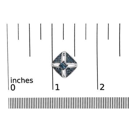 White metal earring with a square design featuring two larger round blue gemstones in prong setting at the center, surrounded by numerous smaller round blue gemstones in prong setting, shown on a ruler for size reference, photographed from the top.