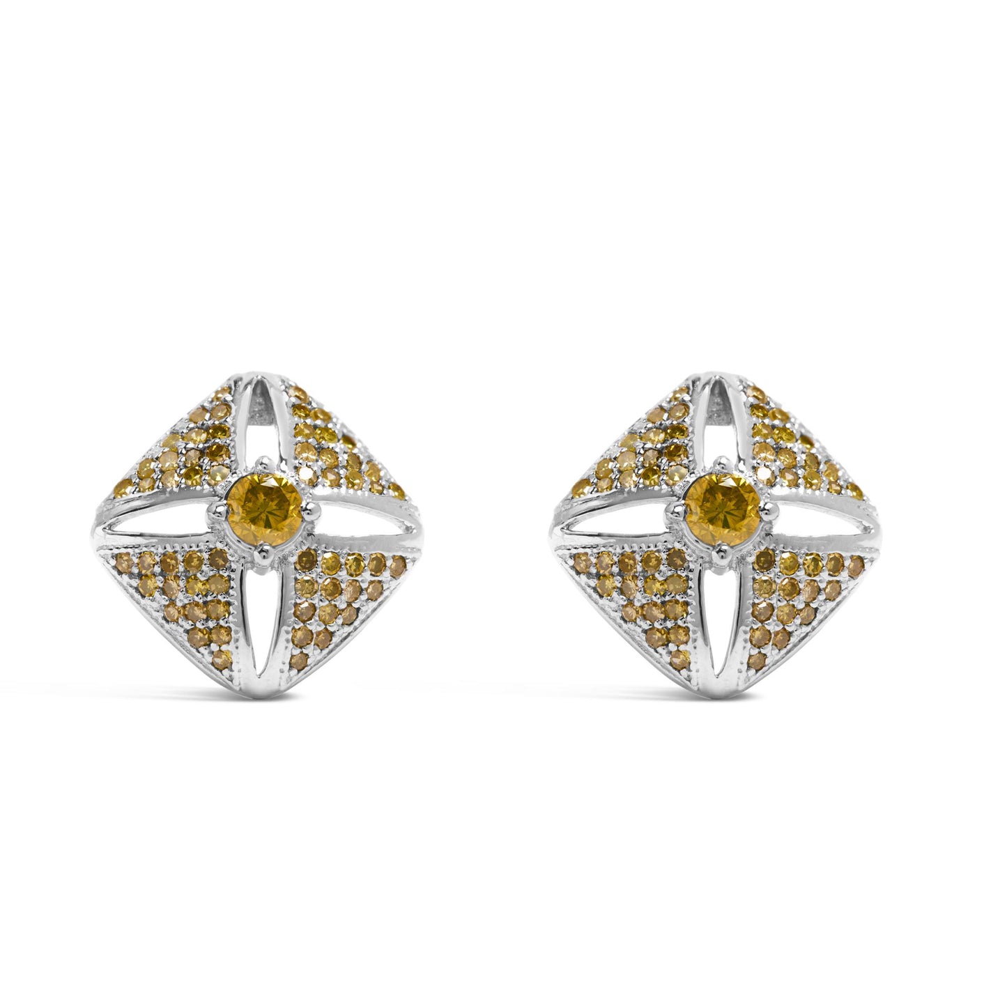 Pair of white metal earrings, square-shaped with a central round yellow gemstone and numerous smaller round yellow gemstones arranged symmetrically, front-facing shot on a white background.