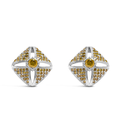 Pair of white metal earrings, square-shaped with a central round yellow gemstone and numerous smaller round yellow gemstones arranged symmetrically, front-facing shot on a white background.