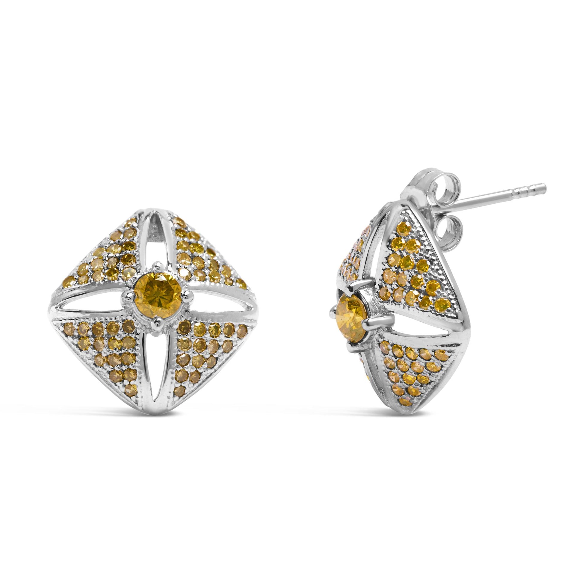 Pair of white metal earrings with yellow gemstones in a geometric design, shown from front and side angles.
