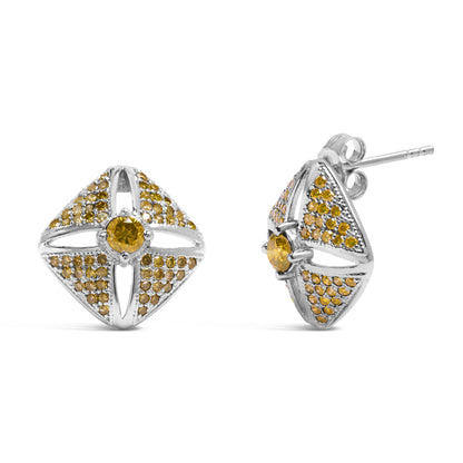 Pair of white metal earrings with yellow gemstones in a geometric design, shown from front and side angles.