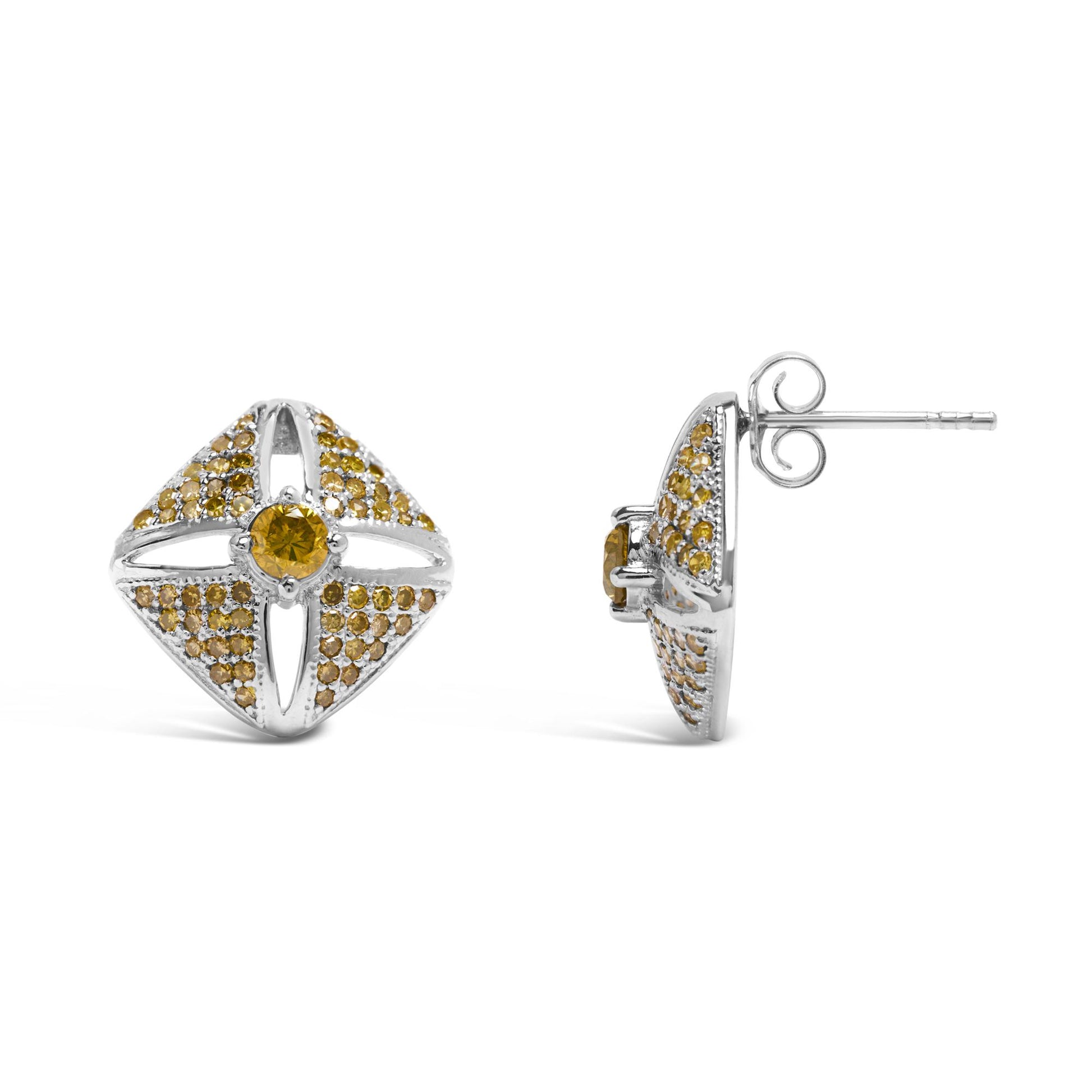 Pair of white metal earrings with a square shape, featuring a central round yellow gemstone and multiple smaller yellow gemstones in a prong setting, shown from front and side angles on a white background.