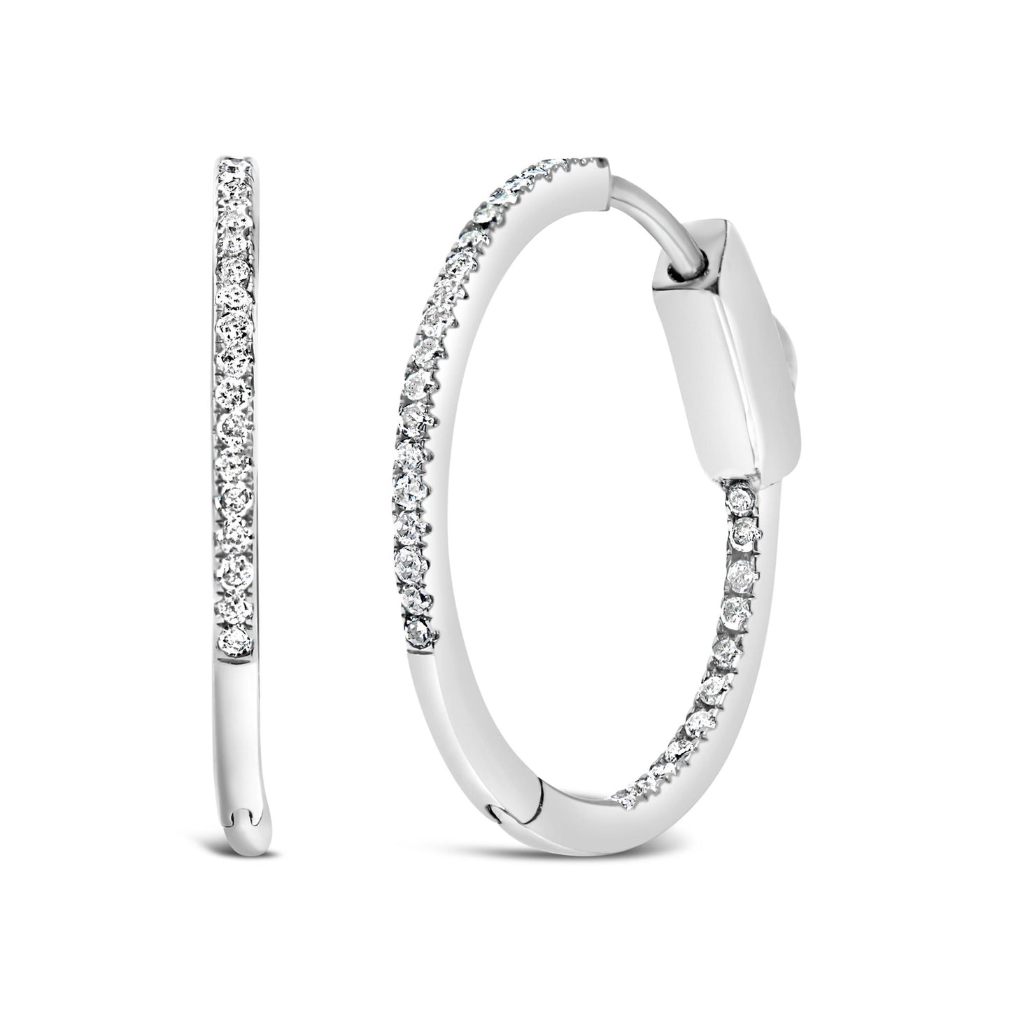 Pair of white metal hoop earrings with round white gemstones in prong settings, shown from front and side angles.