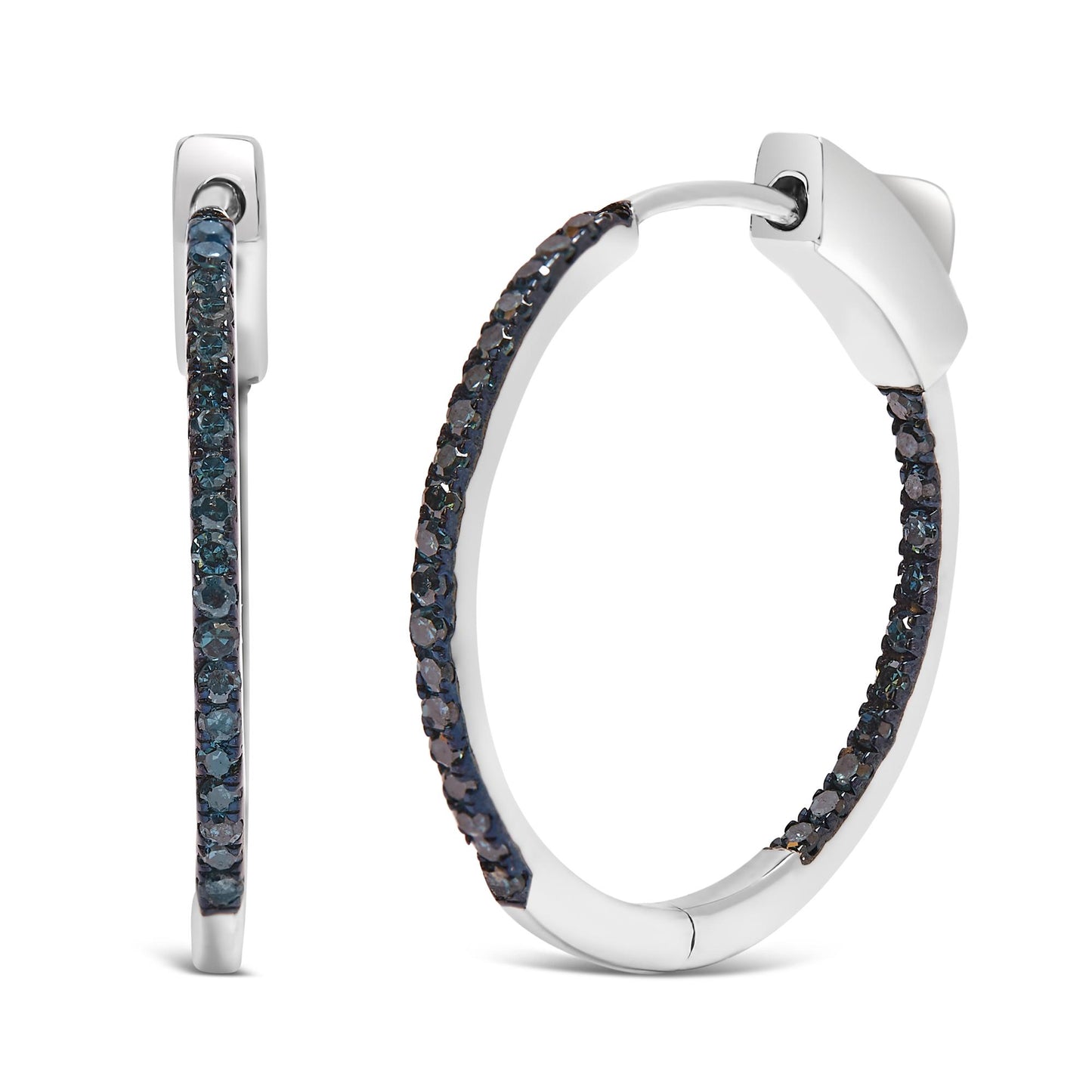 Close-up front and side views of white metal hoop earrings set with round blue gemstones in prong settings.