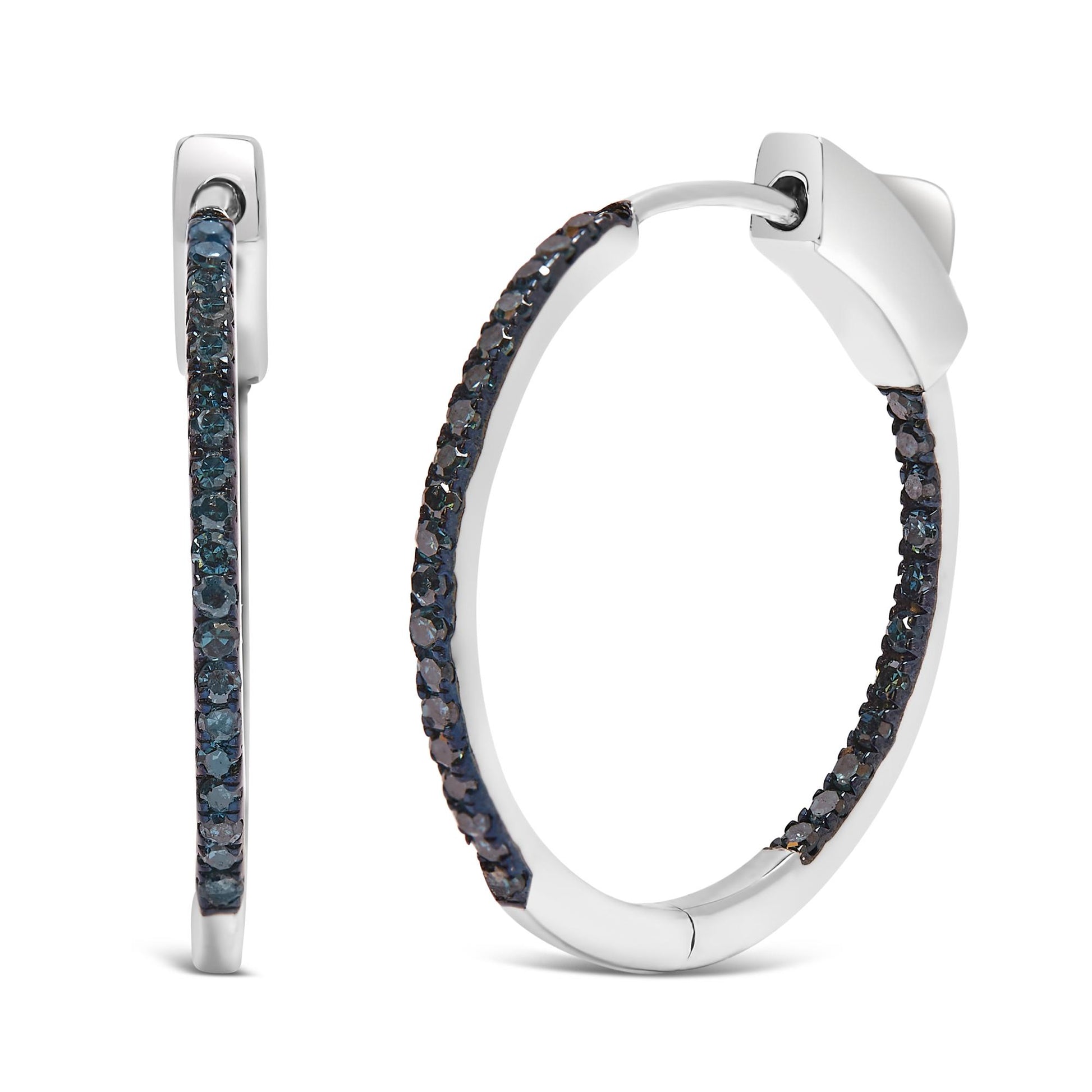 Close-up front and side views of white metal hoop earrings set with round blue gemstones in prong settings.