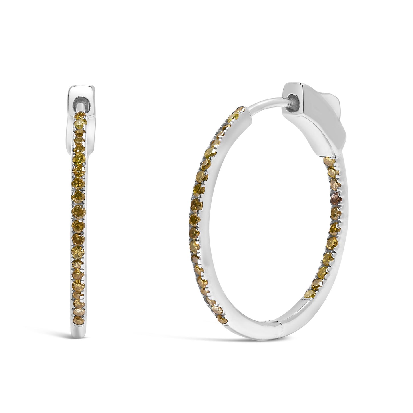 White metal hoop earrings with round yellow gemstones in prong settings, shown from side and front angles.