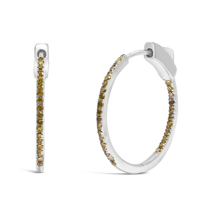 White metal hoop earrings with round yellow gemstones in prong settings, shown from side and front angles.
