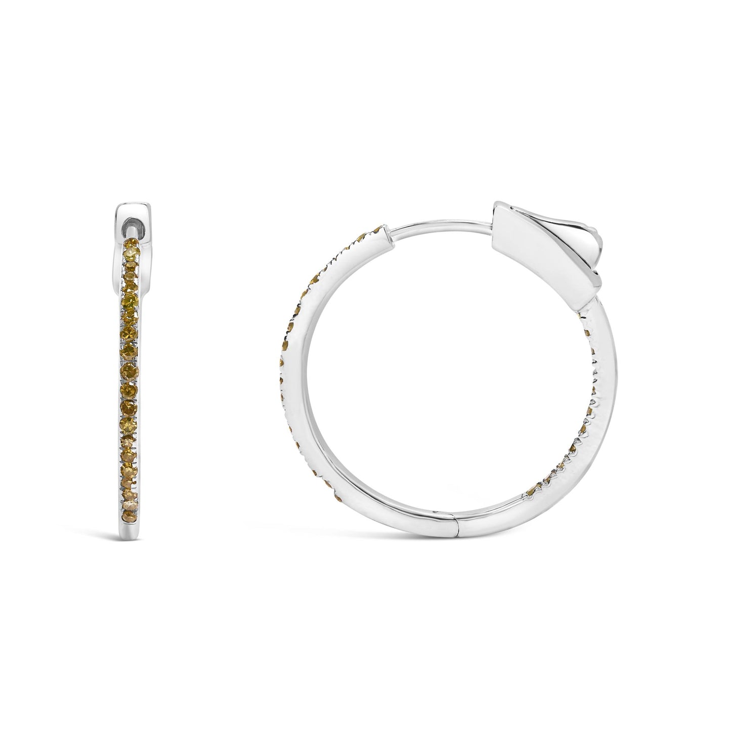Front and side views of white metal hoop earrings with small round yellow gemstones set along the outer edge, shown on a white background.