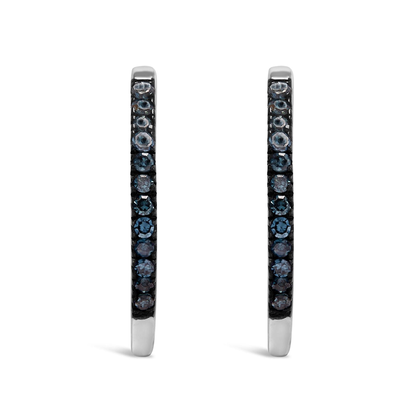 Pair of white metal hoop earrings, each set with small round blue gemstones in prong settings, viewed from the front.