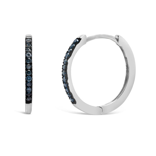 Pair of white metal hoop earrings with round blue gemstones in prong settings, shown from front and side angles on a white background.