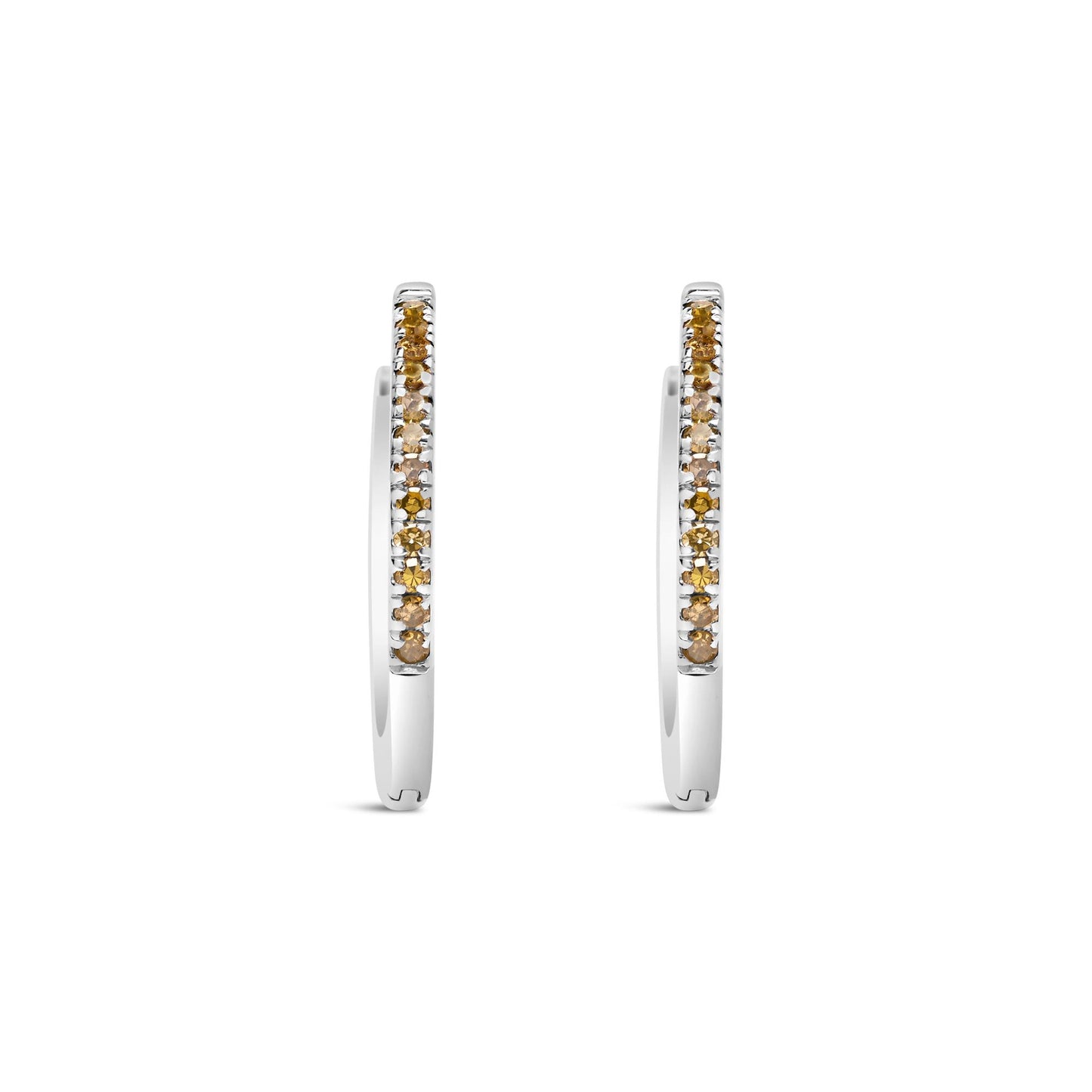 Front-facing shot of white metal hoop earrings with prong-set round yellow gemstones along the outer edge.