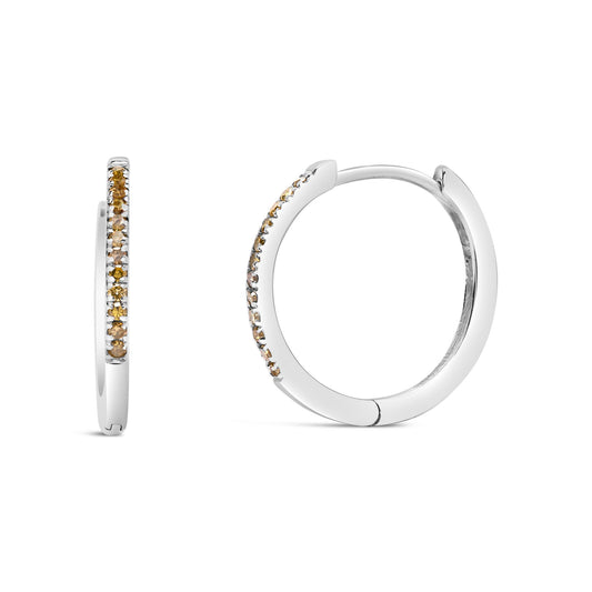 White metal hoop earrings with a row of small round yellow gemstones in prong settings, shown from front and side angles on a white background.