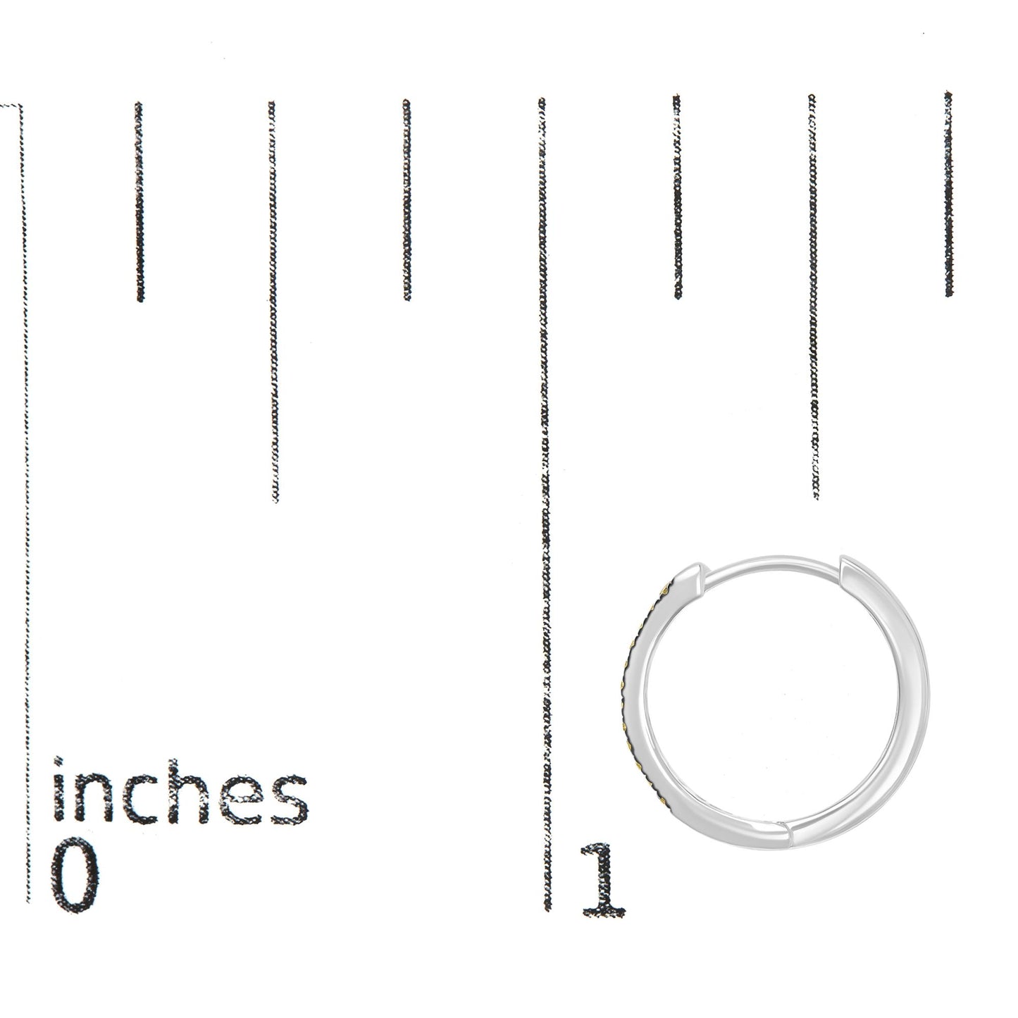Close-up top view of a white metal hoop earring with round yellow gemstones set in prongs, placed on a ruler for size reference.