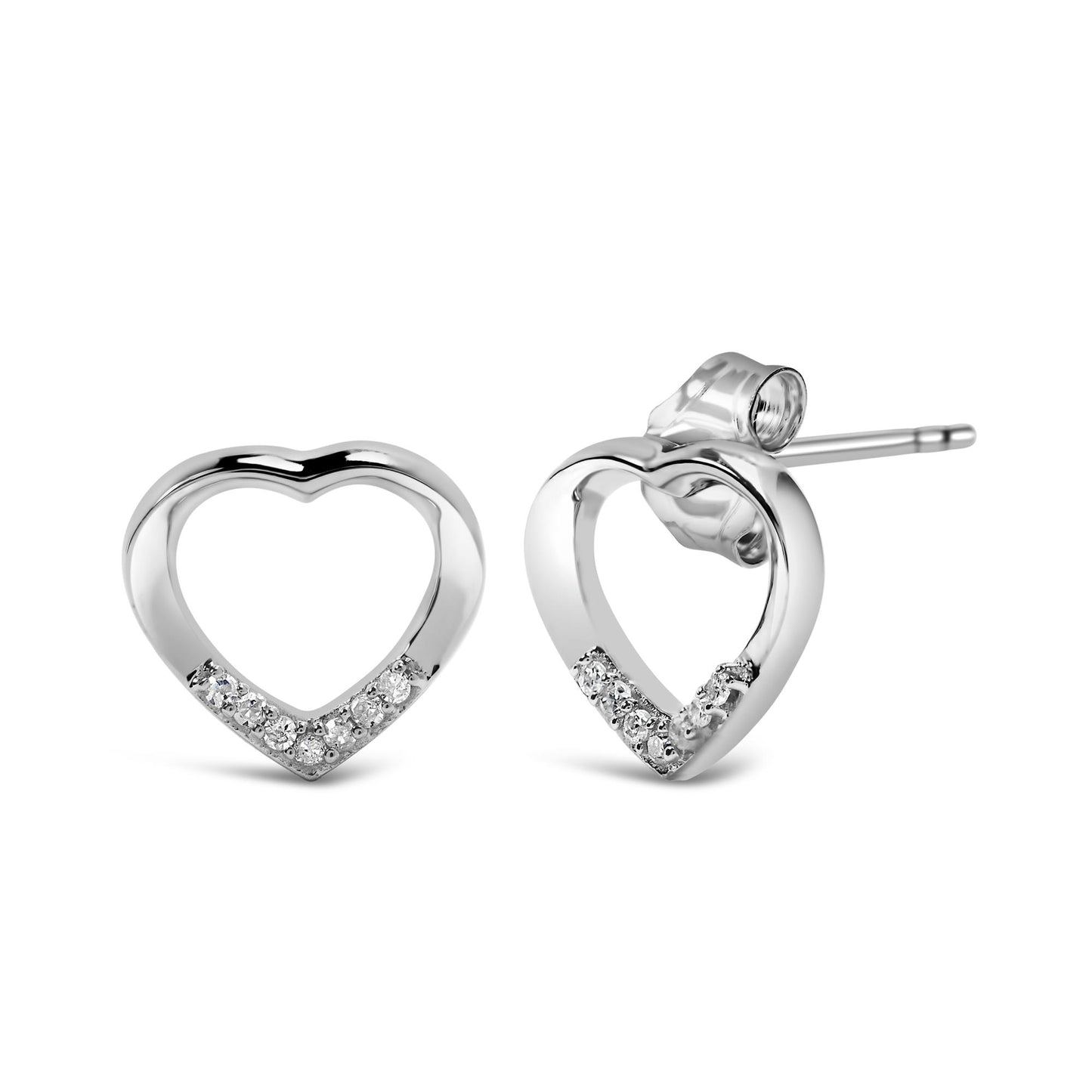 Pair of white metal heart-shaped earrings with white gemstones on the lower front, shown from front and side angles.
