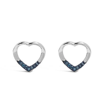 Front view of white metal heart-shaped earrings with prong-set blue round gemstones along the bottom edge.