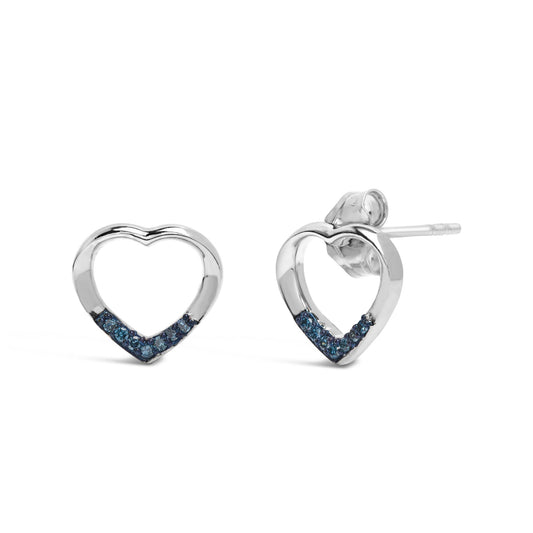 Pair of white metal heart-shaped stud earrings with blue round gemstones set along the bottom, shown in a front and angled side view on a white background.