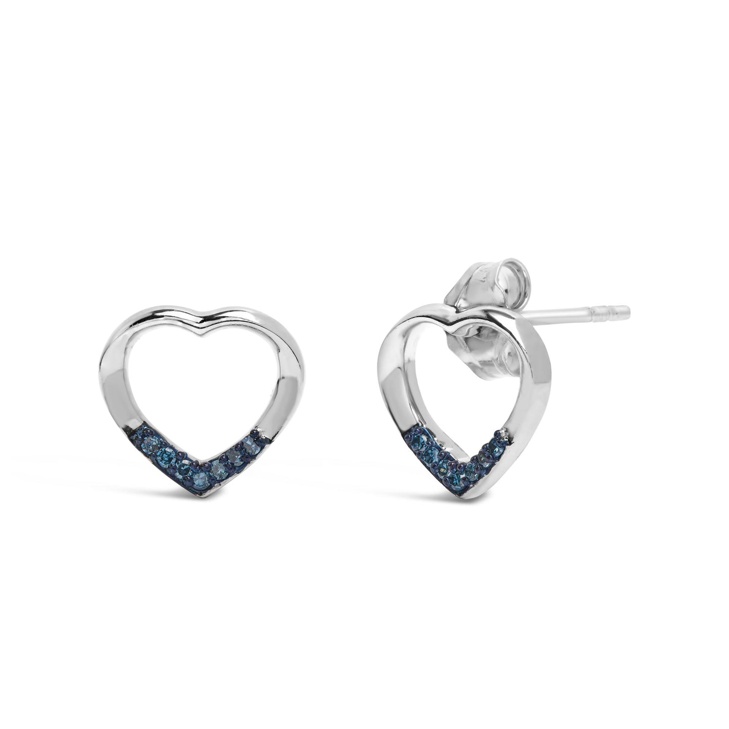 Pair of white metal heart-shaped stud earrings with blue round gemstones set along the bottom, shown in a front and angled side view on a white background.