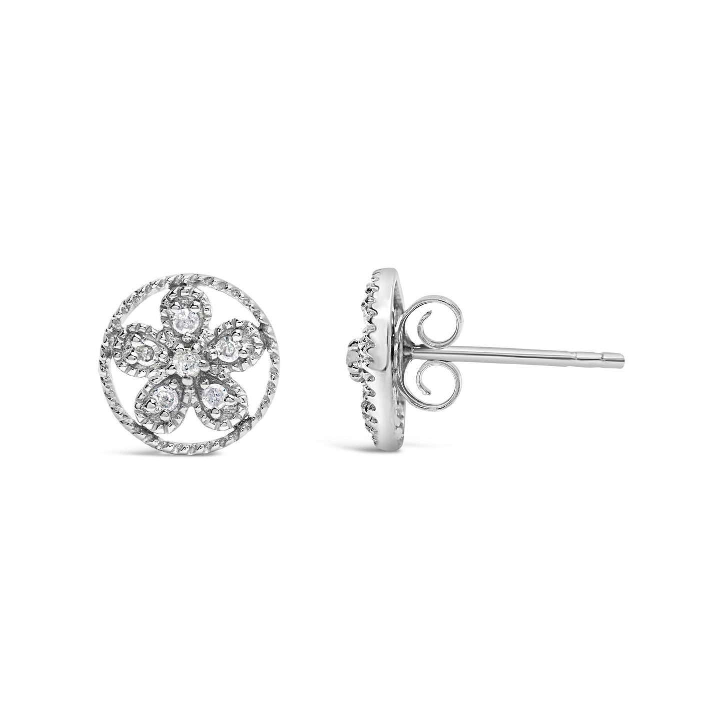 Front and side view of a pair of white metal stud earrings with round white gemstones in prong settings forming a floral design within a circular frame.