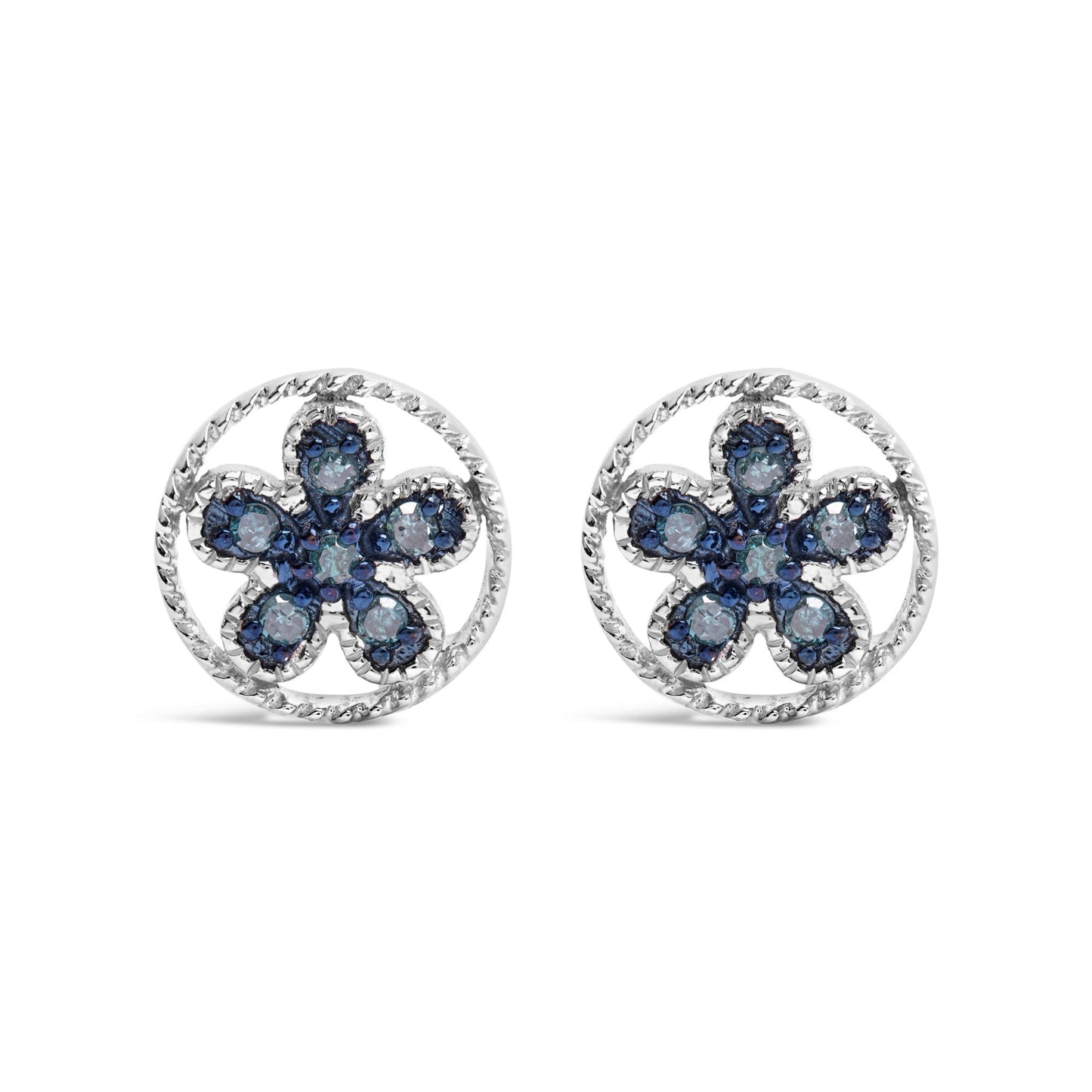 Front view of white metal earrings with circular twisted borders and flower-shaped clusters of blue round prong-set gemstones.