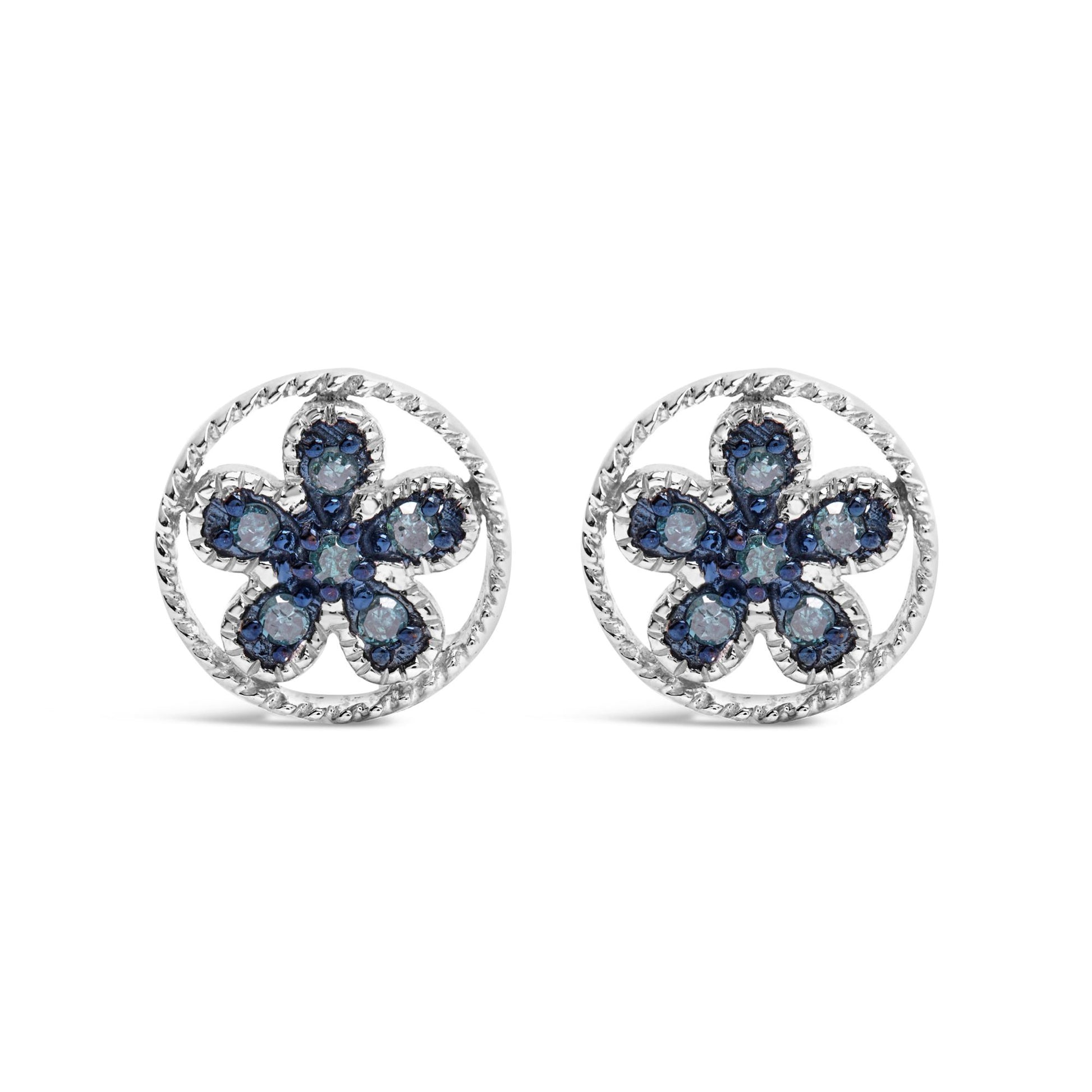 Front view of white metal earrings with circular twisted borders and flower-shaped clusters of blue round prong-set gemstones.