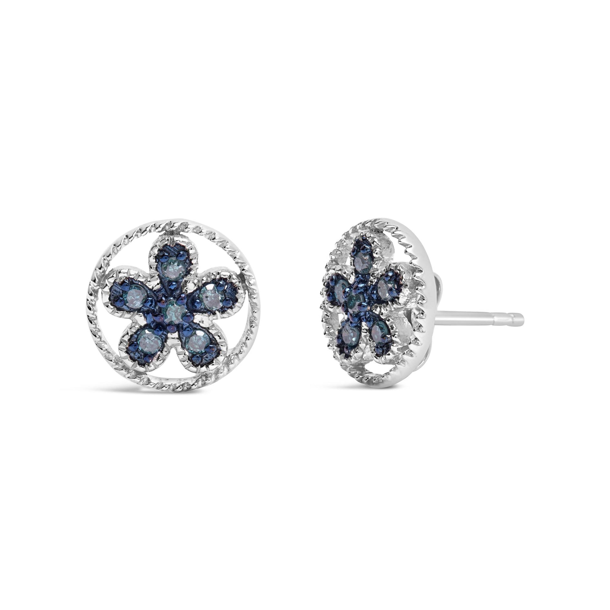 Pair of white metal round stud earrings with blue round gemstones in prong settings arranged in a flower shape, shown from front and side angles.