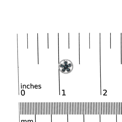 White metal round-shaped earrings with blue gemstones in prong setting, shown on a ruler for size reference from a top-down angle.