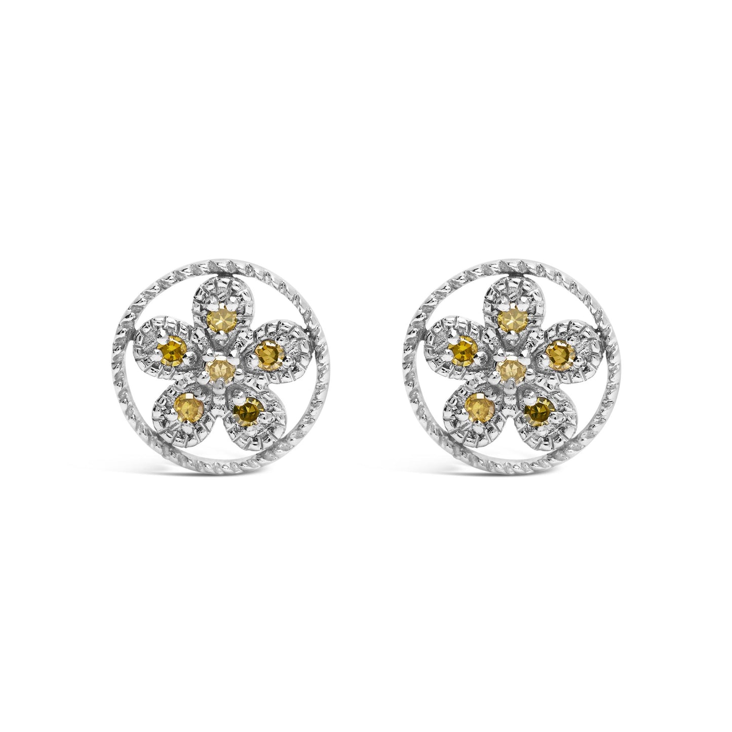 Front view of white metal round earrings designed with yellow round gemstones in a floral pattern with a textured circular border.