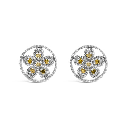 Front view of white metal round earrings designed with yellow round gemstones in a floral pattern with a textured circular border.