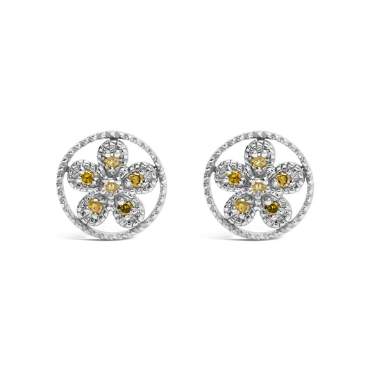 Front view of white metal round earrings designed with yellow round gemstones in a floral pattern with a textured circular border.