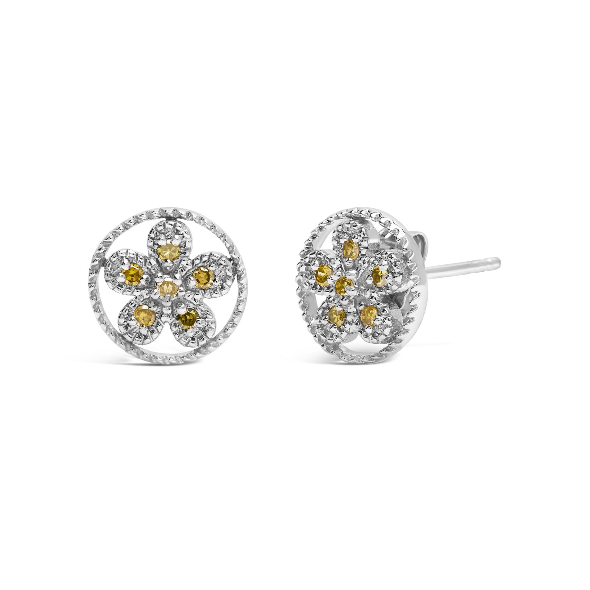 Pair of round white metal stud earrings with yellow round gemstones in prong settings, front and side angle view.