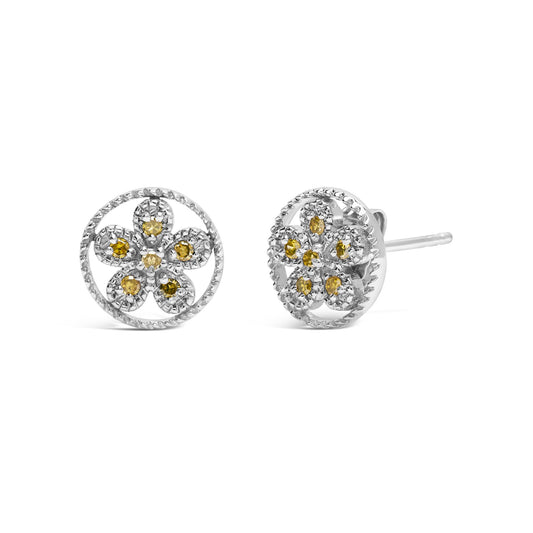 Pair of round white metal stud earrings with yellow round gemstones in prong settings, front and side angle view.