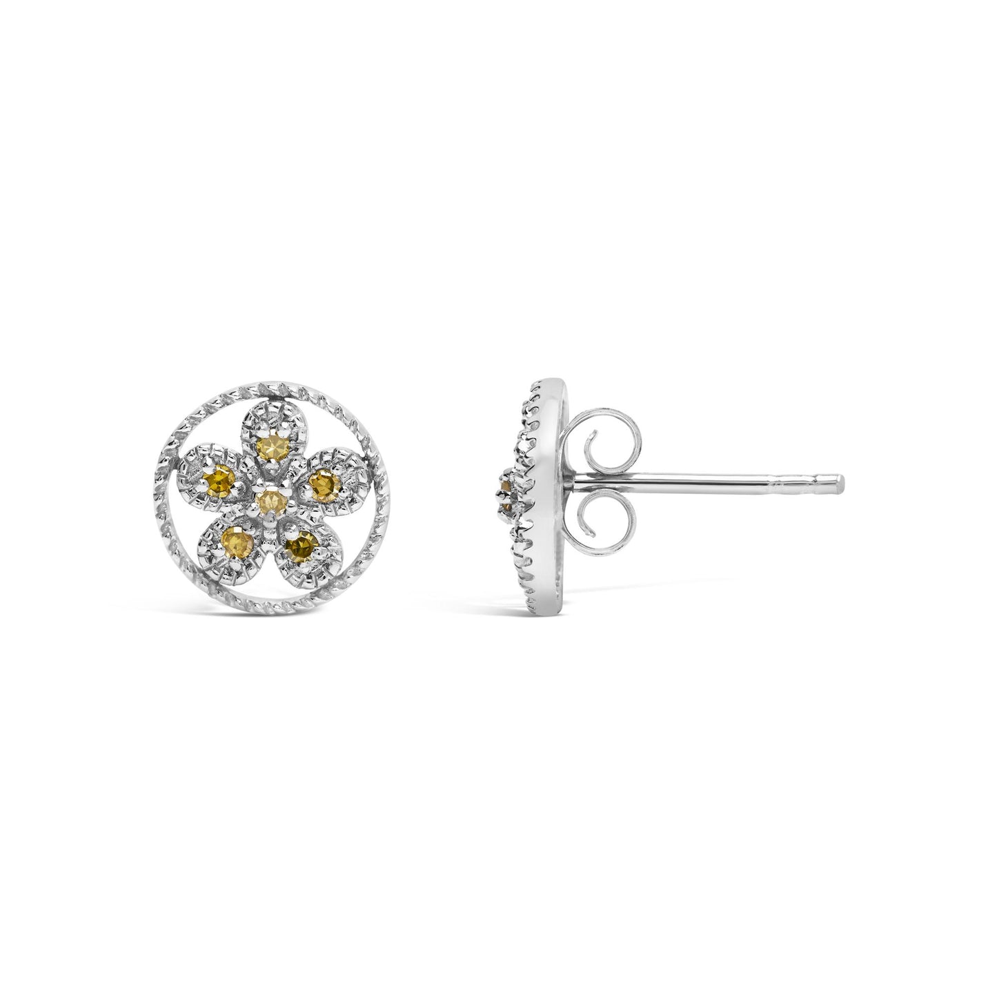 Front and side views of white metal round stud earrings with yellow round gemstones in prong settings arranged in a floral pattern.