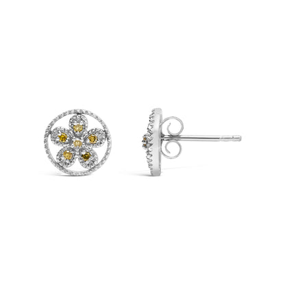 Front and side views of white metal round stud earrings with yellow round gemstones in prong settings arranged in a floral pattern.