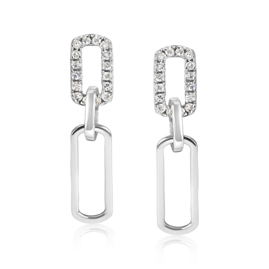 Front view of white metal earrings with two linked rectangular shapes, the top rectangles adorned with round prong-set white gemstones.