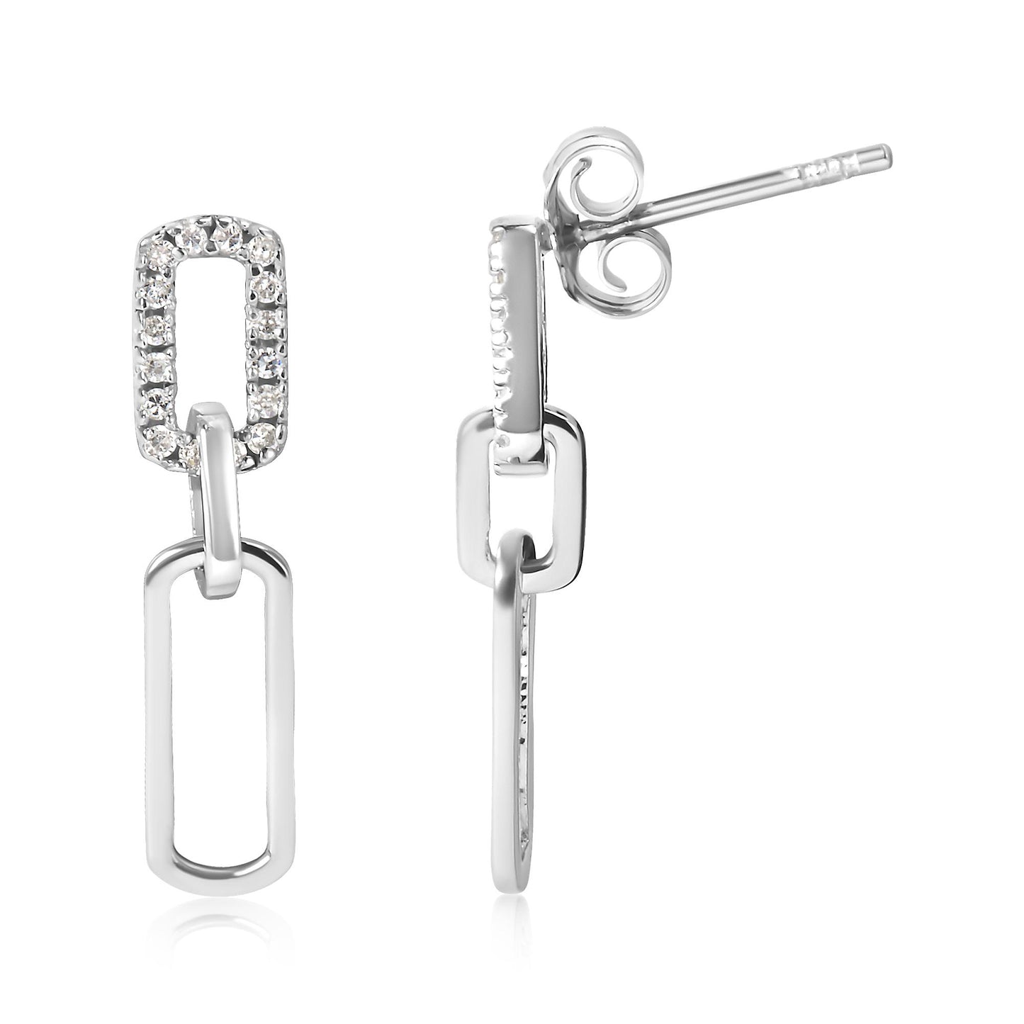 Front and side views of white metal drop earrings featuring two linked open rectangular shapes, the top rectangle adorned with small round white gemstones in a prong setting.