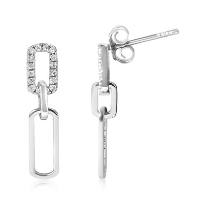 Front and side views of white metal drop earrings featuring two linked open rectangular shapes, the top rectangle adorned with small round white gemstones in a prong setting.
