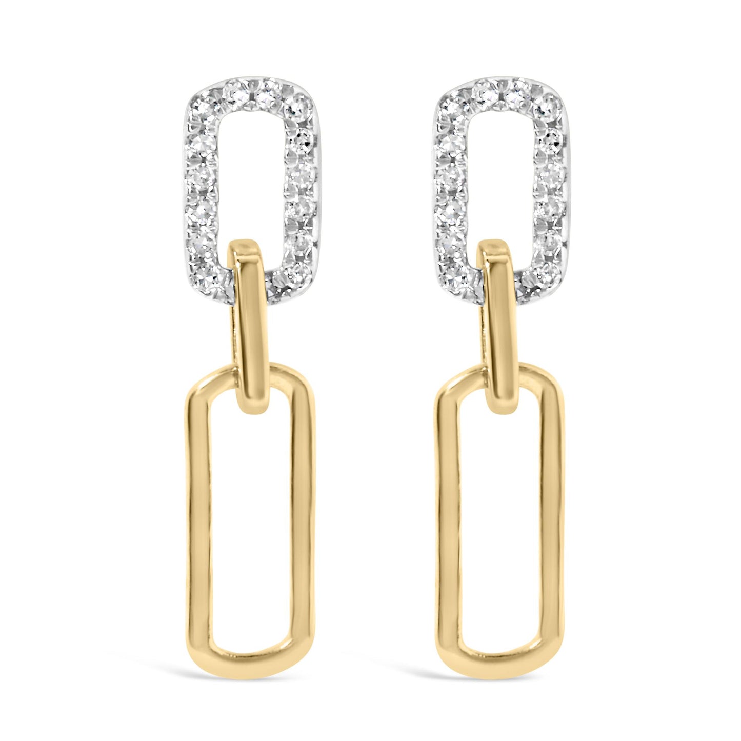 Front angle of yellow metal dangle earrings with two linked rectangular shapes, the top rectangle is adorned with white round gemstones in a prong setting.