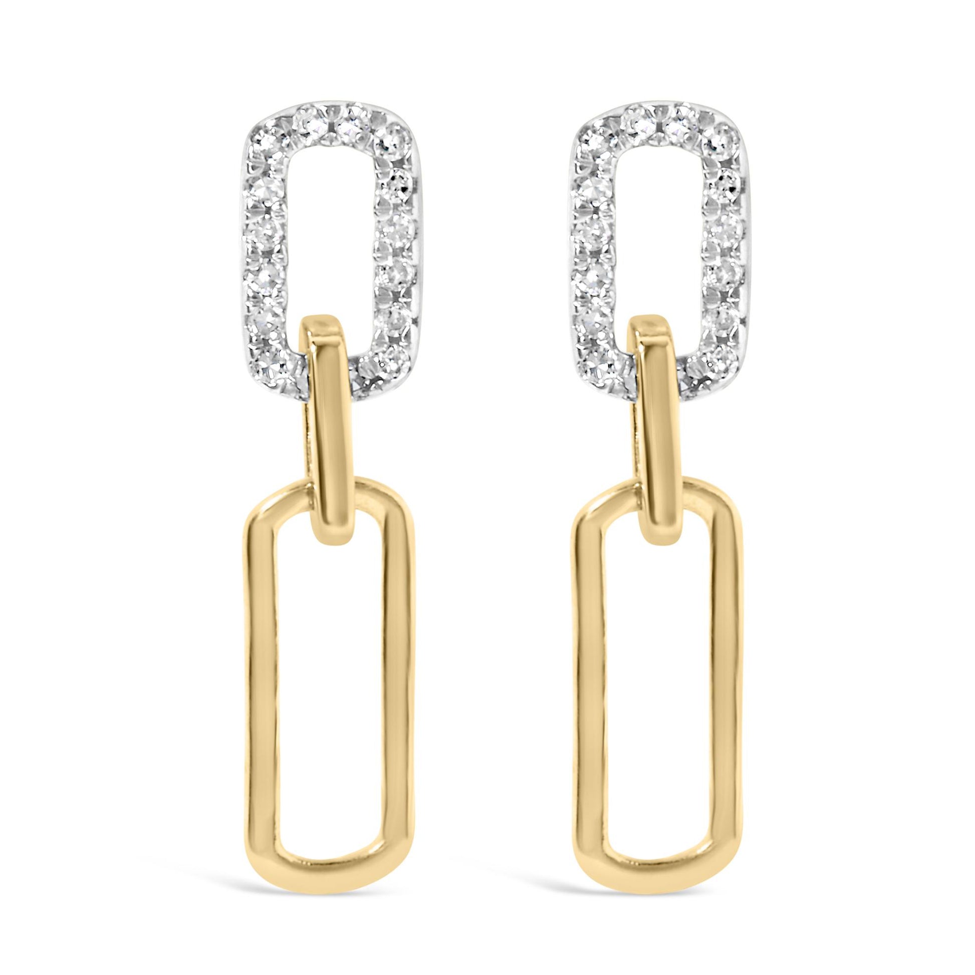 Front angle of yellow metal dangle earrings with two linked rectangular shapes, the top rectangle is adorned with white round gemstones in a prong setting.