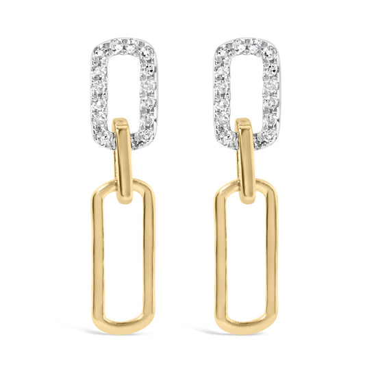 Front angle of yellow metal dangle earrings with two linked rectangular shapes, the top rectangle is adorned with white round gemstones in a prong setting.