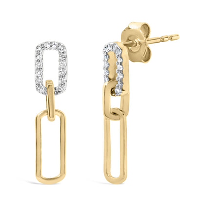Front and side view of yellow metal dangle earrings with two linked rectangular shapes, the top rectangle set with white round prong-set gemstones.