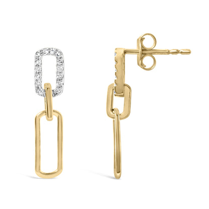 Pair of yellow metal drop earrings with interlinked rectangular links, one link set with small white round gemstones in prong settings, shown from front and side angles.