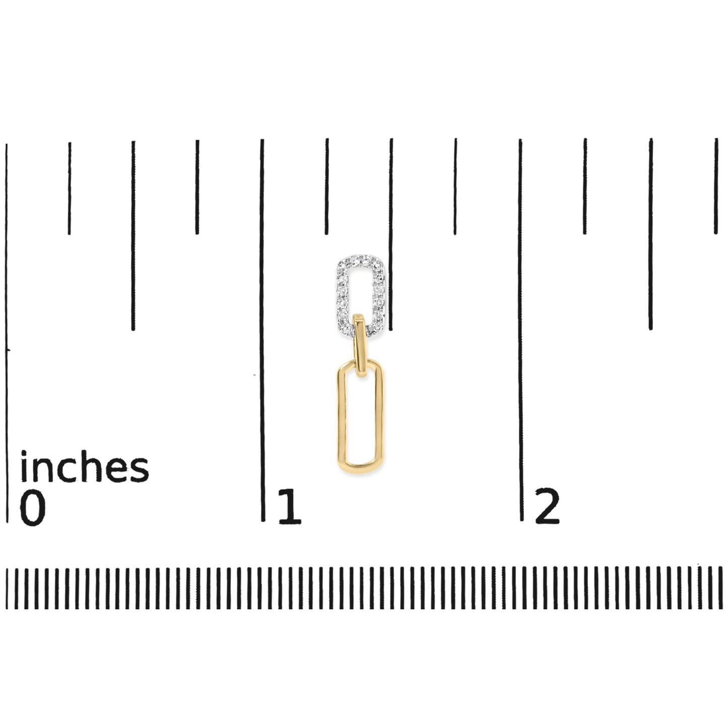 Yellow metal dangle earring with two connected elongated links, the upper link set with white round prong-set gemstones, shown on a ruler for size reference, front-facing angle.