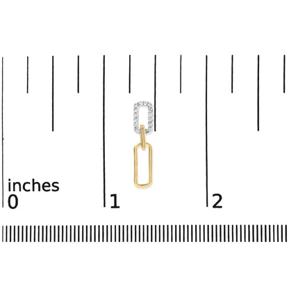 Yellow metal dangle earring with two connected elongated links, the upper link set with white round prong-set gemstones, shown on a ruler for size reference, front-facing angle.