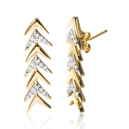 Pair of yellow metal earrings with a vertical chevron design, each accented with clusters of small white gemstones, shown from front and side angles on a white background.