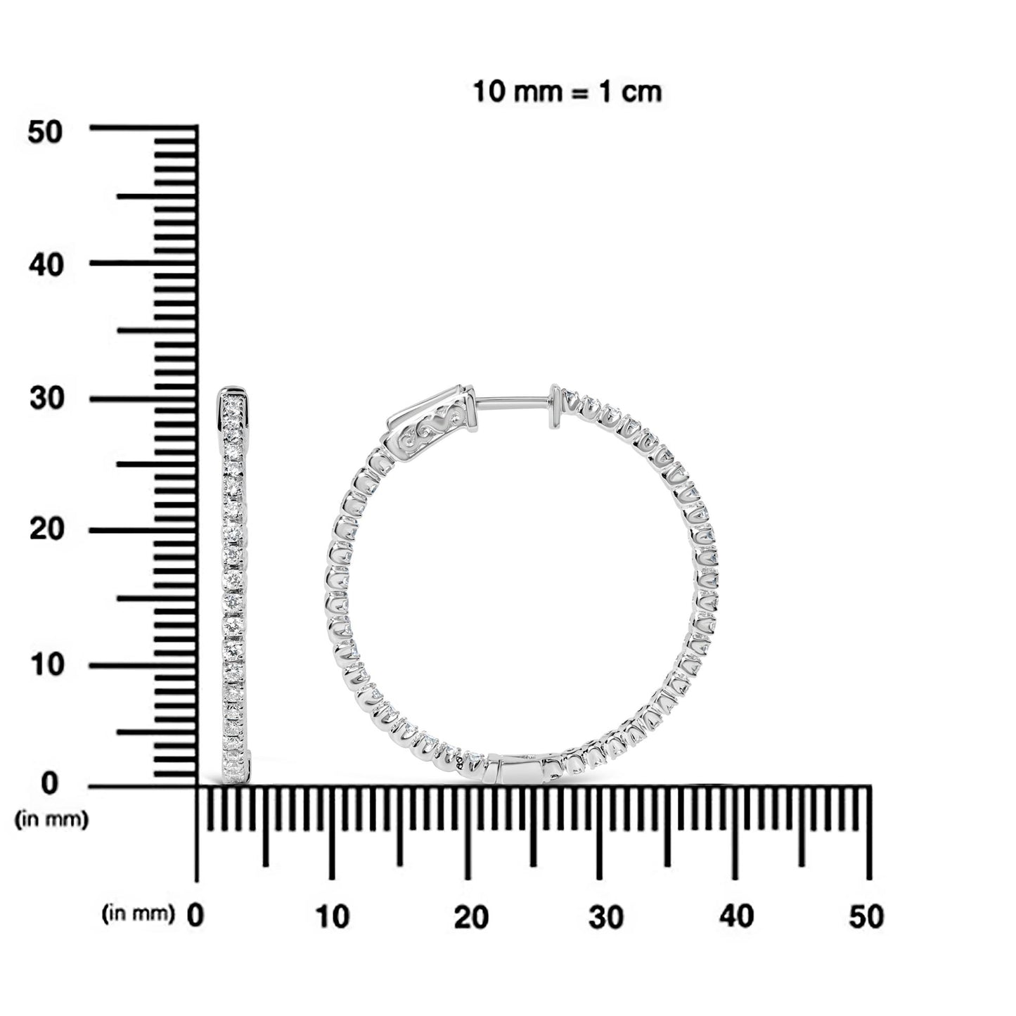 White metal hoop earrings with round white gemstones in prong settings, shown from front and side on a ruler for size reference.
