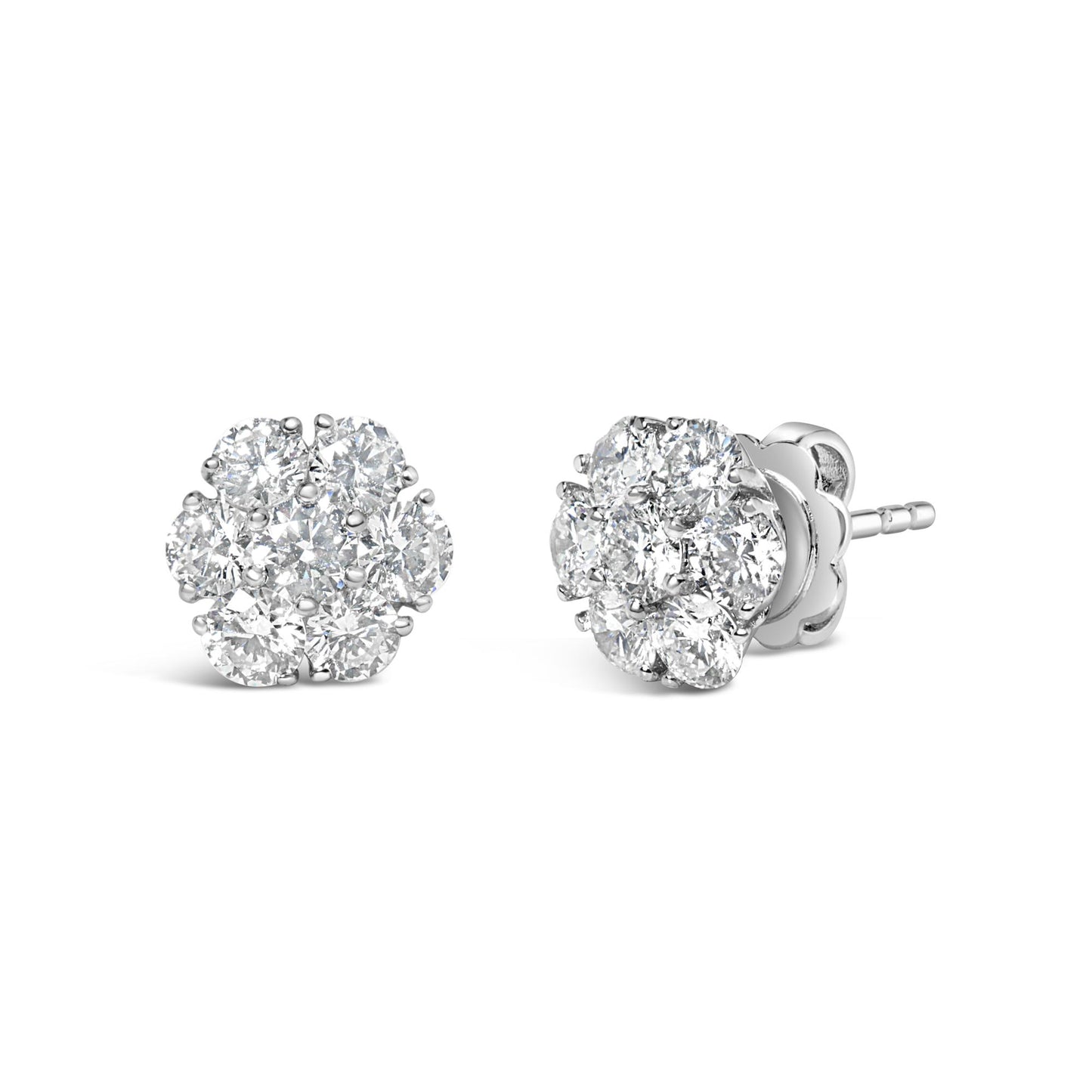 Pair of white metal stud earrings with round white gemstones arranged in a flower shape, shown from the front and side angle on a white background.