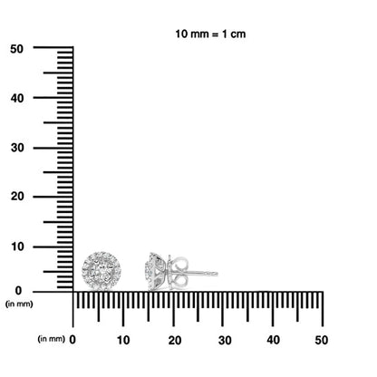 Pair of white metal round stud earrings with a central white gemstone surrounded by smaller white gemstones, shown from front and side angles on a ruler for size reference.