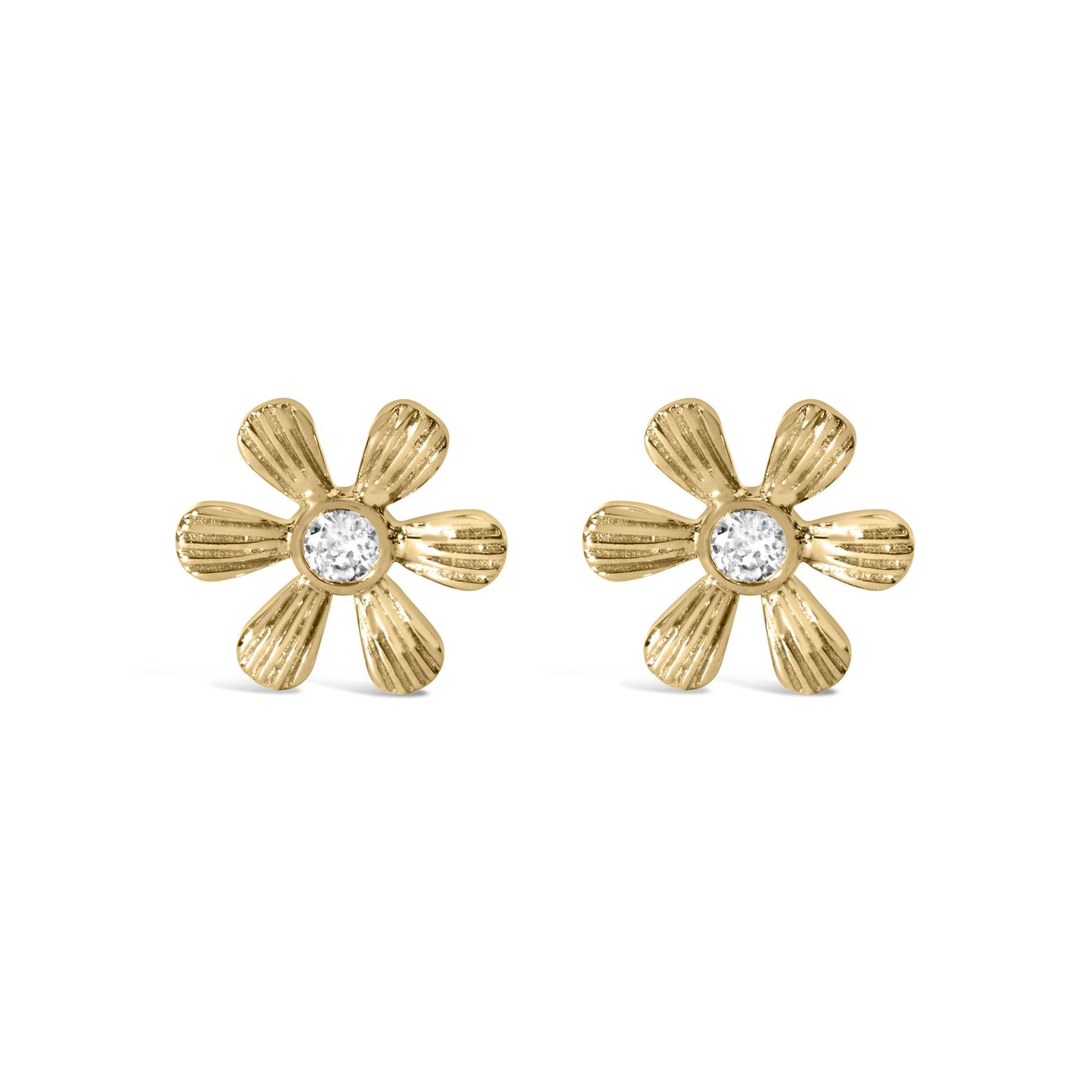 Pair of yellow metal flower-shaped earrings with textured petals and a round white gemstone in prong setting at the center, front-facing angle.